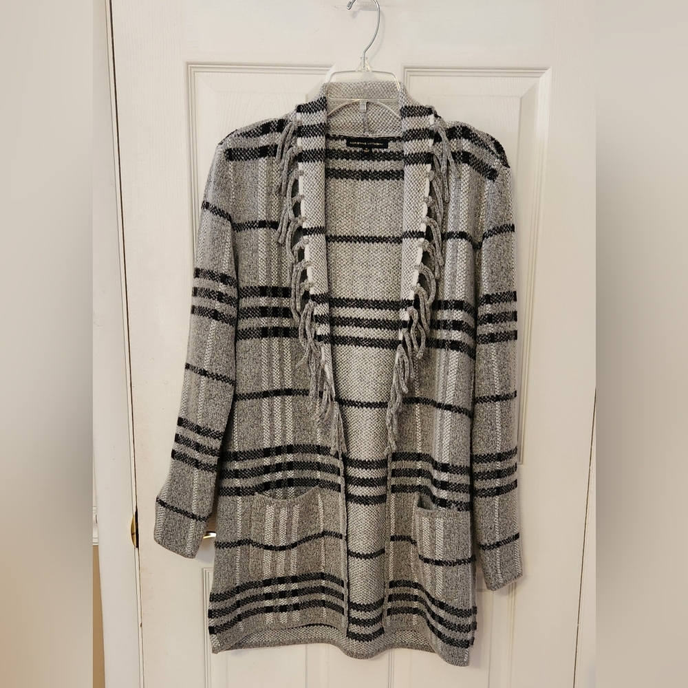 Adrienne Vittadini Gray and Black Plaid Fringe Open-Front Cardigan EUC Size M